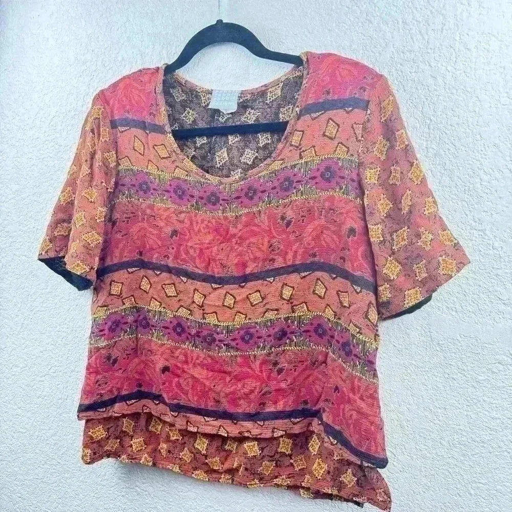 Vintage 80’s/90’s Pattern Orange Brown Women’s Blouse Flowy Boxy - Size 14 - Picture 2 of 4
